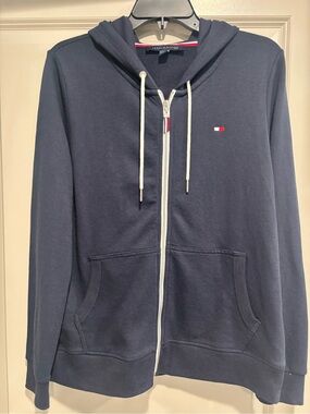 Tommy Hilfiger Women’s Navy Full-Zip Hoodie with Drawstrings & Flag Logo, M